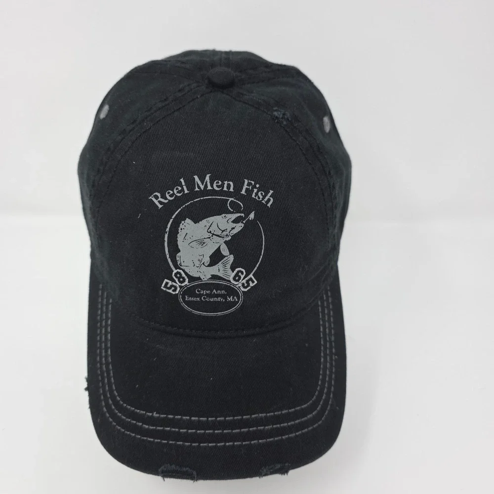 Reel Men Fish Baseball Cap OSFM Fishing Graphic Distressed Snapback Black Hat